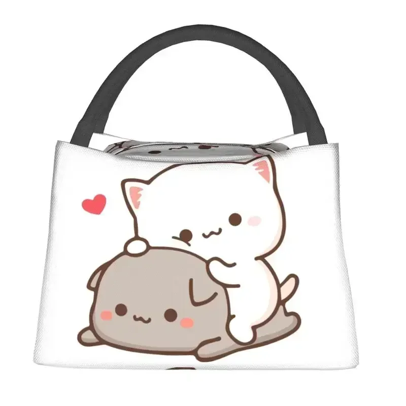 Peach Sitting On Goma Thermal Insulated Lunch Bags Women Cute Mochi Cat Portable Lunch Tote Travel Multifunction Meal Food Box