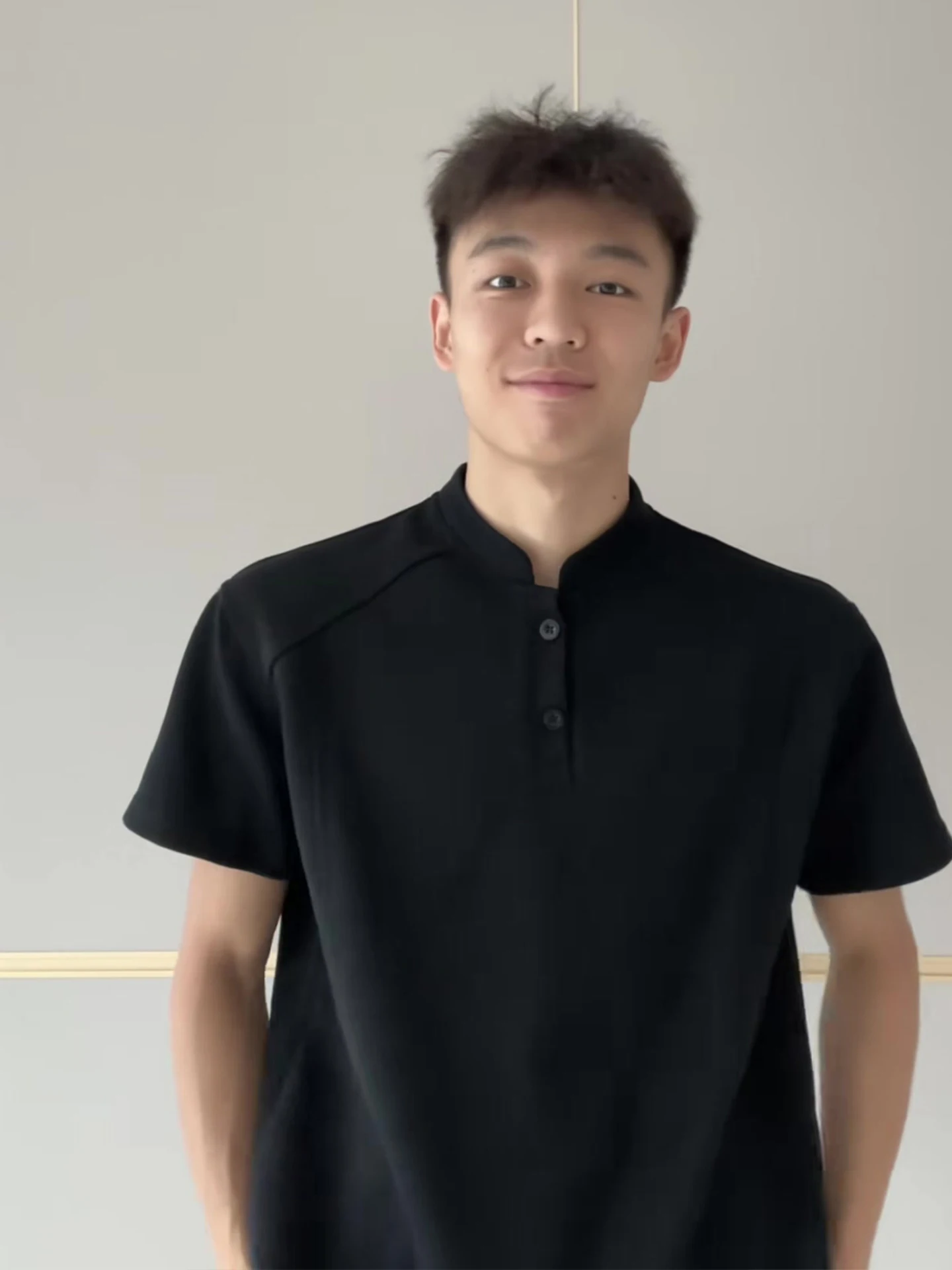 Black Boxy Fit Short Sleeve T-Shirt with Henry Collar for Men Shoulder Enhancing Half Sleeve Construction Deconstructed Patch...