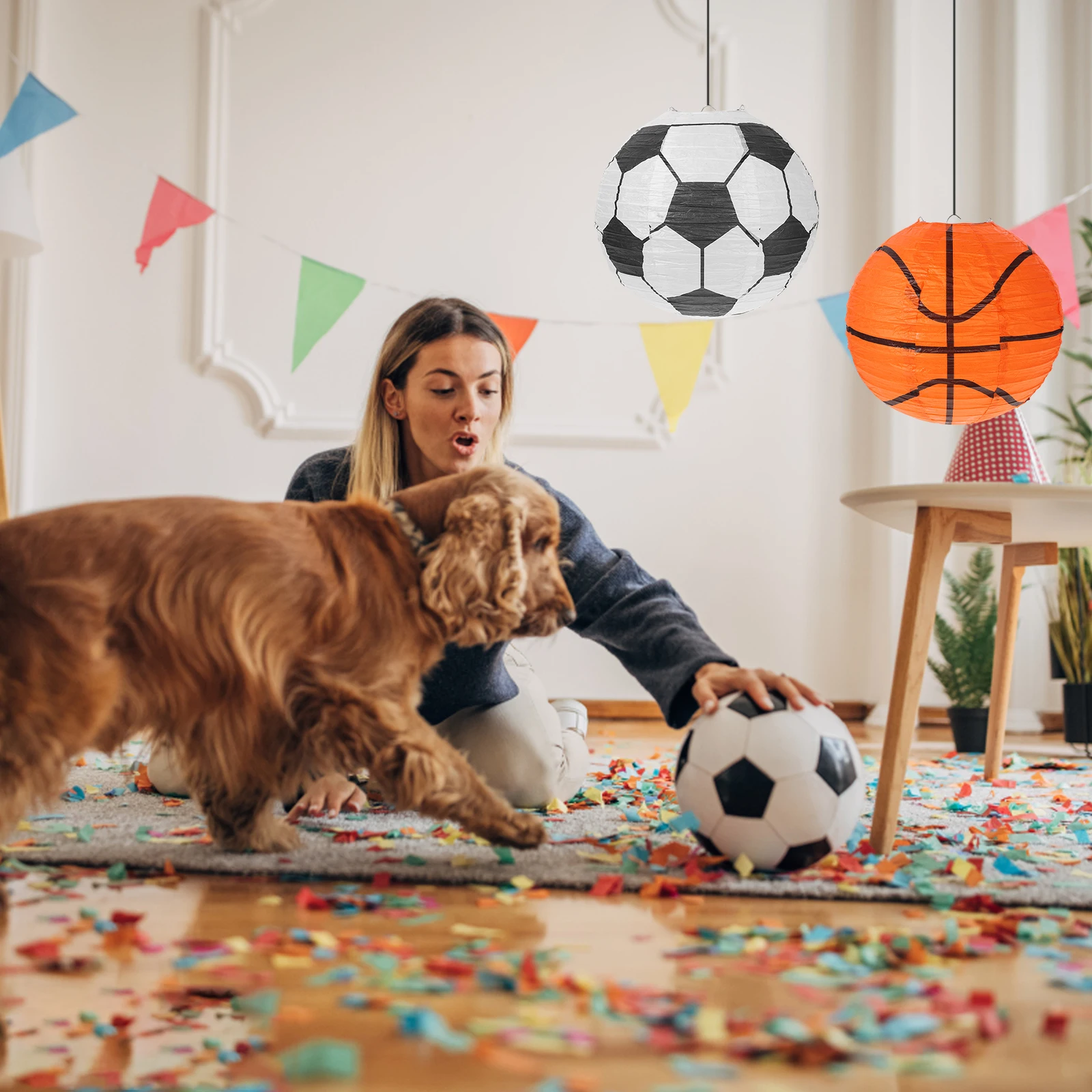 

1 set Foldable Basketball Football Shaped Hanging Paper Lanterns for Kids Party Sports Theme Indoor Outdoor Lighting Ball