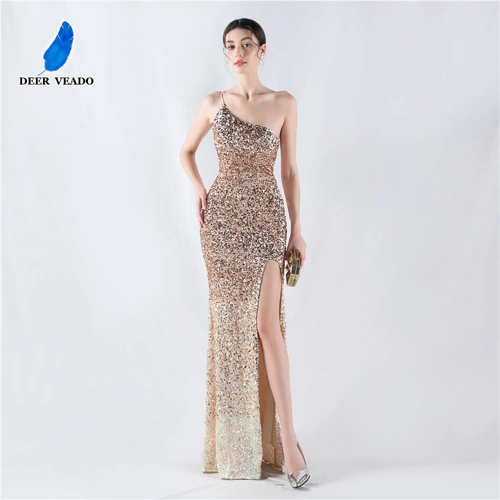 

DEERVEADO 7 Colors Evening Dresses Woman Elegant One Shoulder Sequins Formal Dress Prom Party Maxi Dresses Gala Gowns