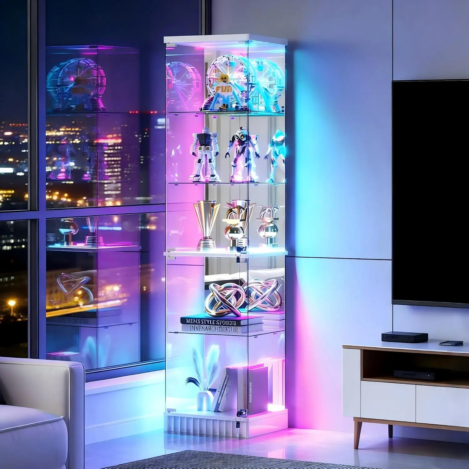 

MGDC 67''H Corner Curio Cabinet with Glass Door, Lockable Glass Display Cabinet with RGB Motion