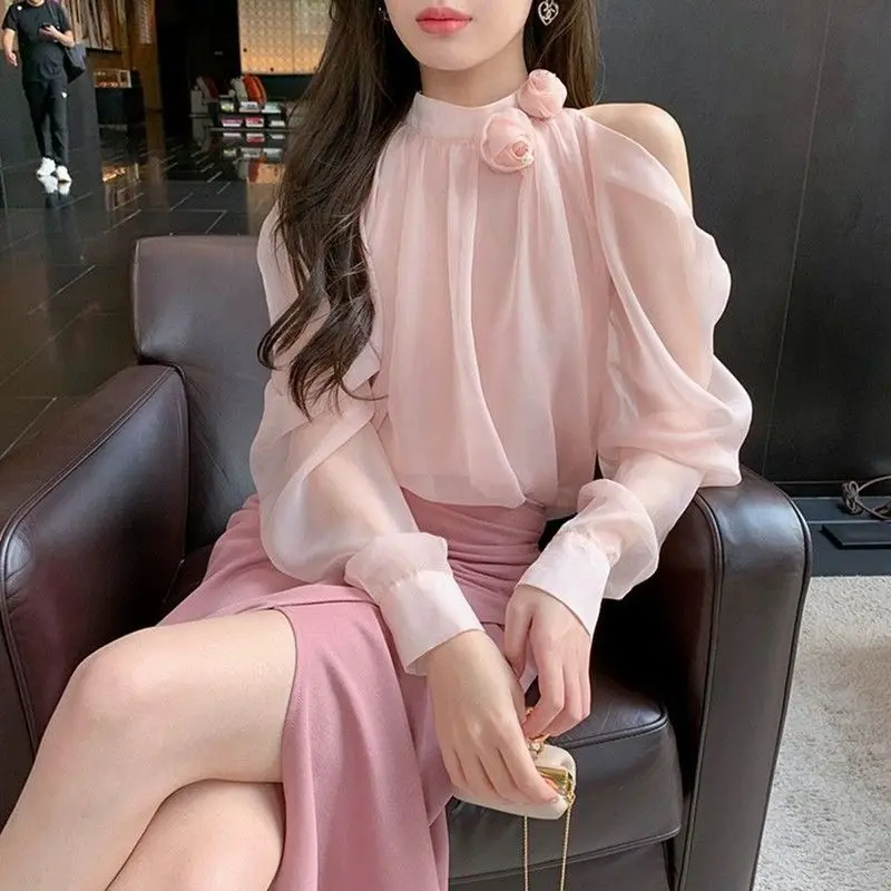 

Розовая шифоновая рубашка с открытыми плечами, женская ранняя весна, новый модный топ, маленькие рубашки, рубашки с длинными рукавами