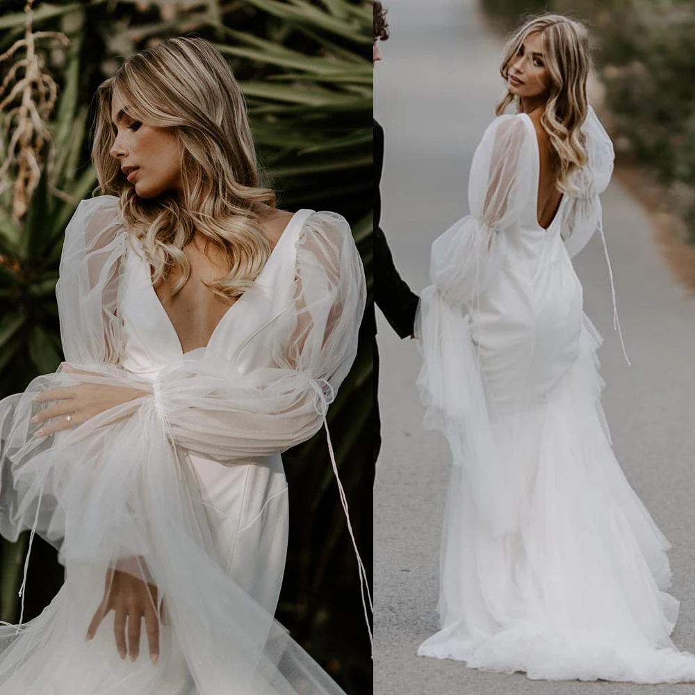 Long Puffy Balloon Sleeves V Neck Mesh Bridal Gown Customized Plus Size Open Back Simple Backless Tulle Sheath Wedding Dress