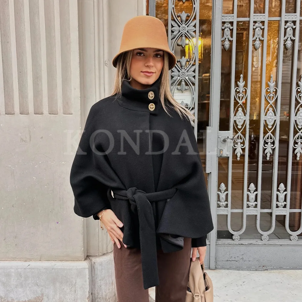 

KONDALA 2026 Fall Winter Elegant Black Women Short Coats Fashion Casual Sashes Turtleneck Christmas New Year Party Ladies Coats