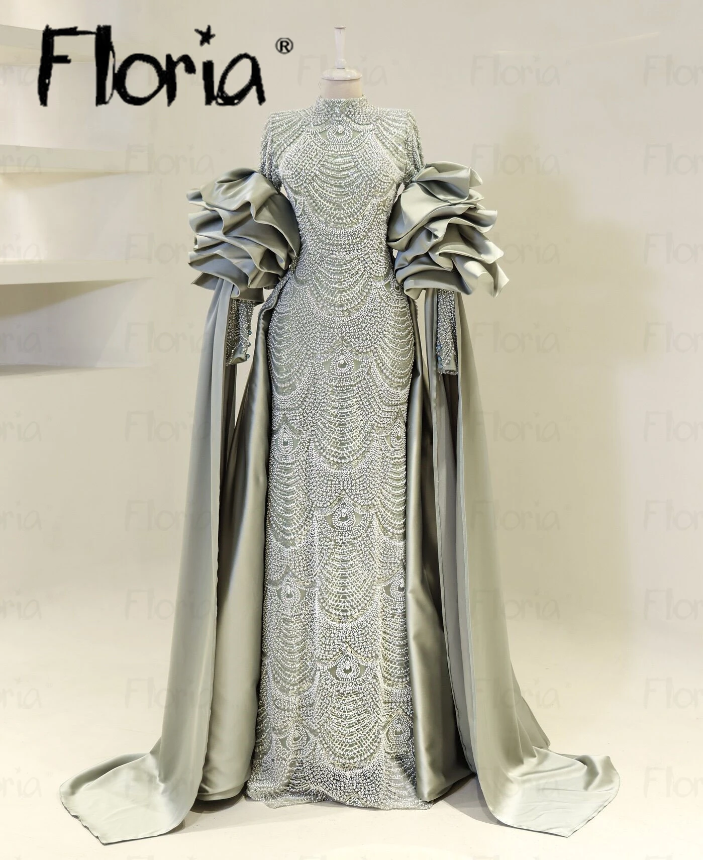 Floria Customized Luxury Beaded Muslim Evening Dress Detachable Overskirt 2025 Plus Size Women Wedding  Party Gowns Prom Dress