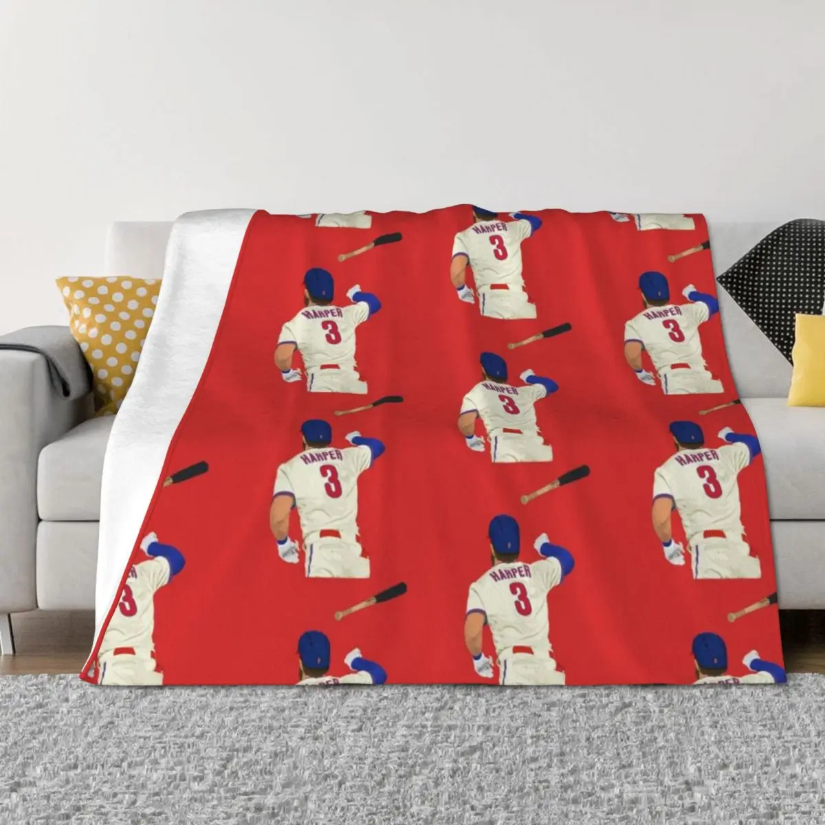 

Bryce Harper Bat Flip Throw Blanket Loose Hairys Flannel Fabric Designers Blankets