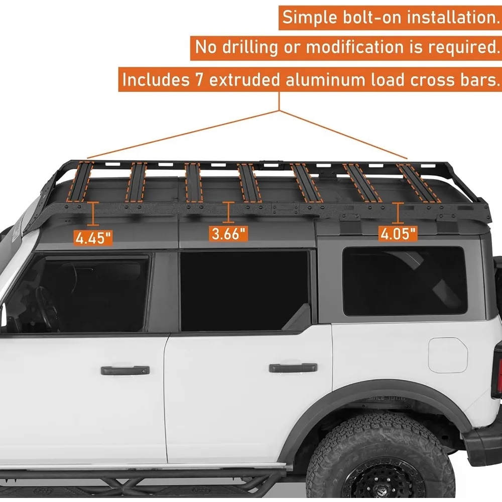 هوك رود برونكو حامل سقفي قضبان متقاطعة من الألومنيوم، سلة حامل البضائع كاملة الطول لـ 2021 2022 2023 2024 2025 Ford Bronco 4-Doo