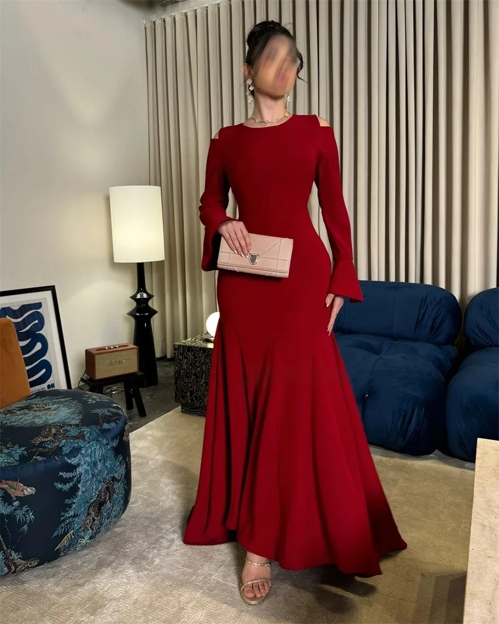 

Burgundy Long Sleeves Bespoke Occasion Gown Evening Dresses Pastrol Unisex Jersey Retro Dubai Saudi Arabic Prom Customized