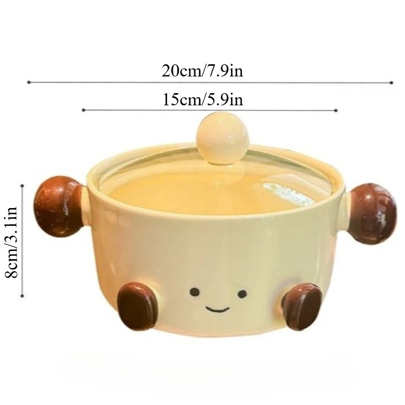 Korean Style Ceramic Instant Noodle Bowl with Lid Cute Round Ball Chubby Footed Anti-Scald Soup Bowl Kitchen Tableware