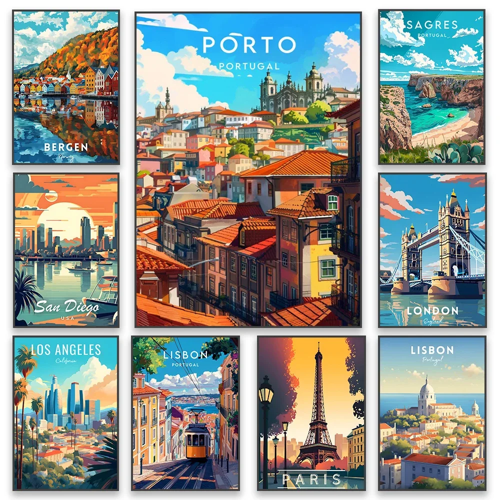 لشبونة جدار الفن السفر طباعة الطبيعة المشهد البرتغال المشارك الملونة مدينة جدار الفن Elétricos de Lisboa قماش اللوحة ديكور