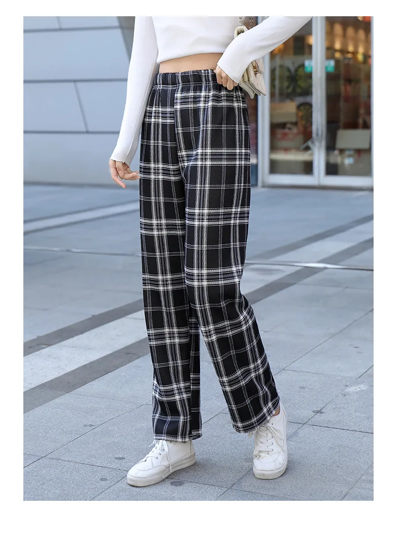 New Vintage Plaid Women Pants High Waist Wide Leg Straight Pant Loose Casual Female Trousers Wide Leg Pant Fashion Streetwear