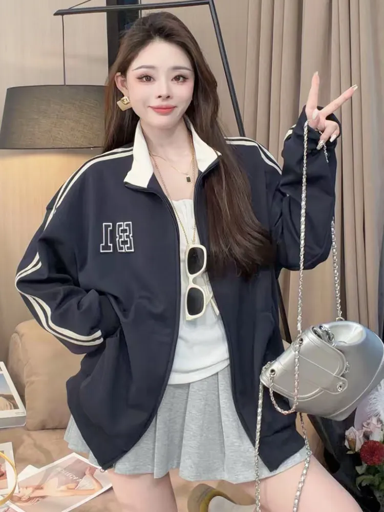 Korean Sporty Zipper Short Jacket Women's Loose Letter Color Block Stand Collar Jacket Trendy Commute Style Spring 2026