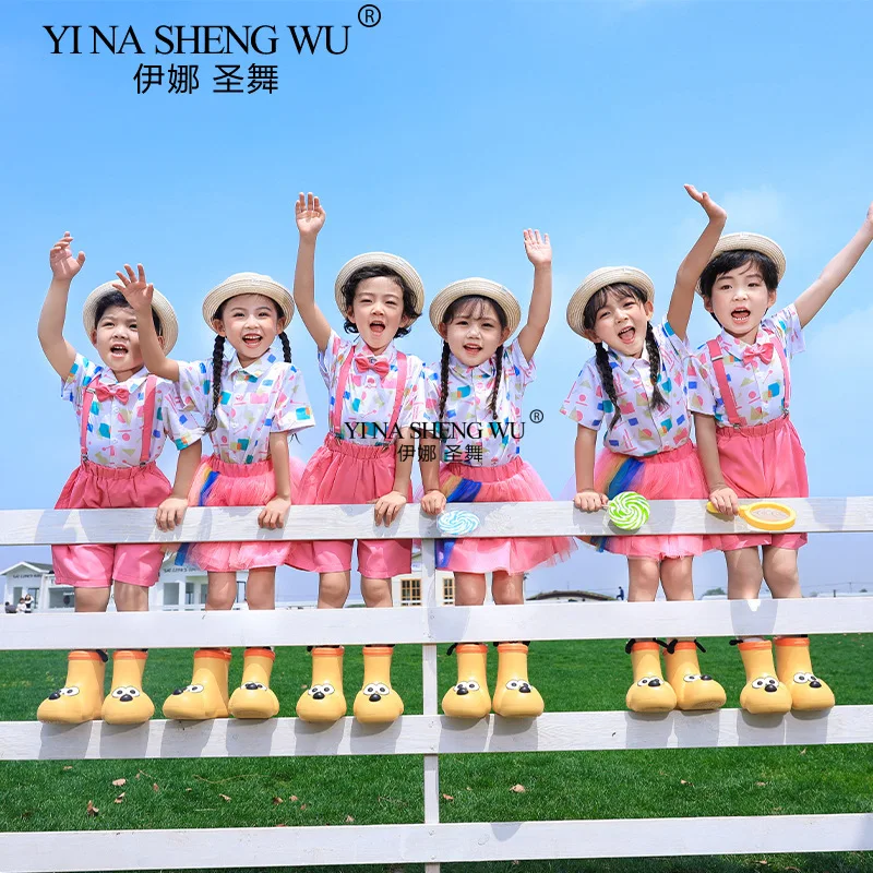Children's Performance Outfit Flower Shirt Overalls Primary School Graduation Photo Class Uniform Little League Team Sportswear