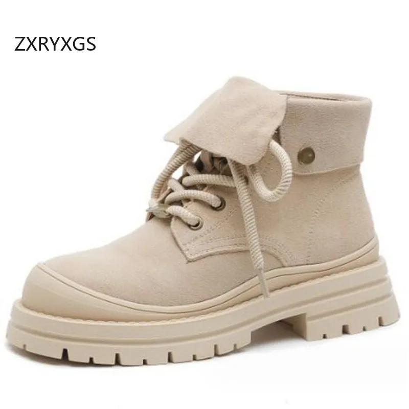 ZXRYXGS Superior Frosted Cowhide Autumn Winter Shoes Woman Boots 2025 Thick Soled Non-slip Thick Mid Heels Comfort Trendy Boots