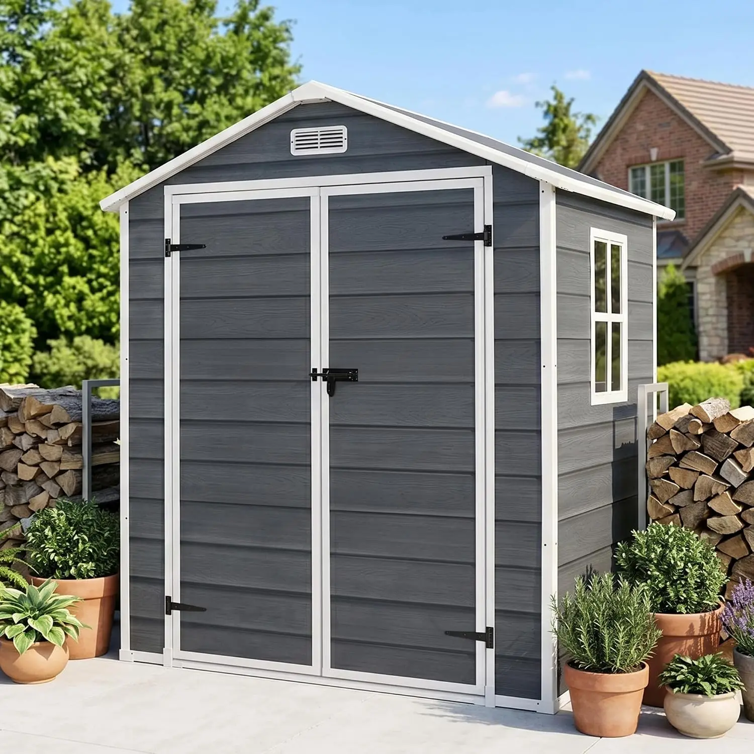 6x4 FT Outdoor Storage Shed with Interior Shelf, Resin Storage Shed with Lockable Door, Reinforced Floor, Window, Customized