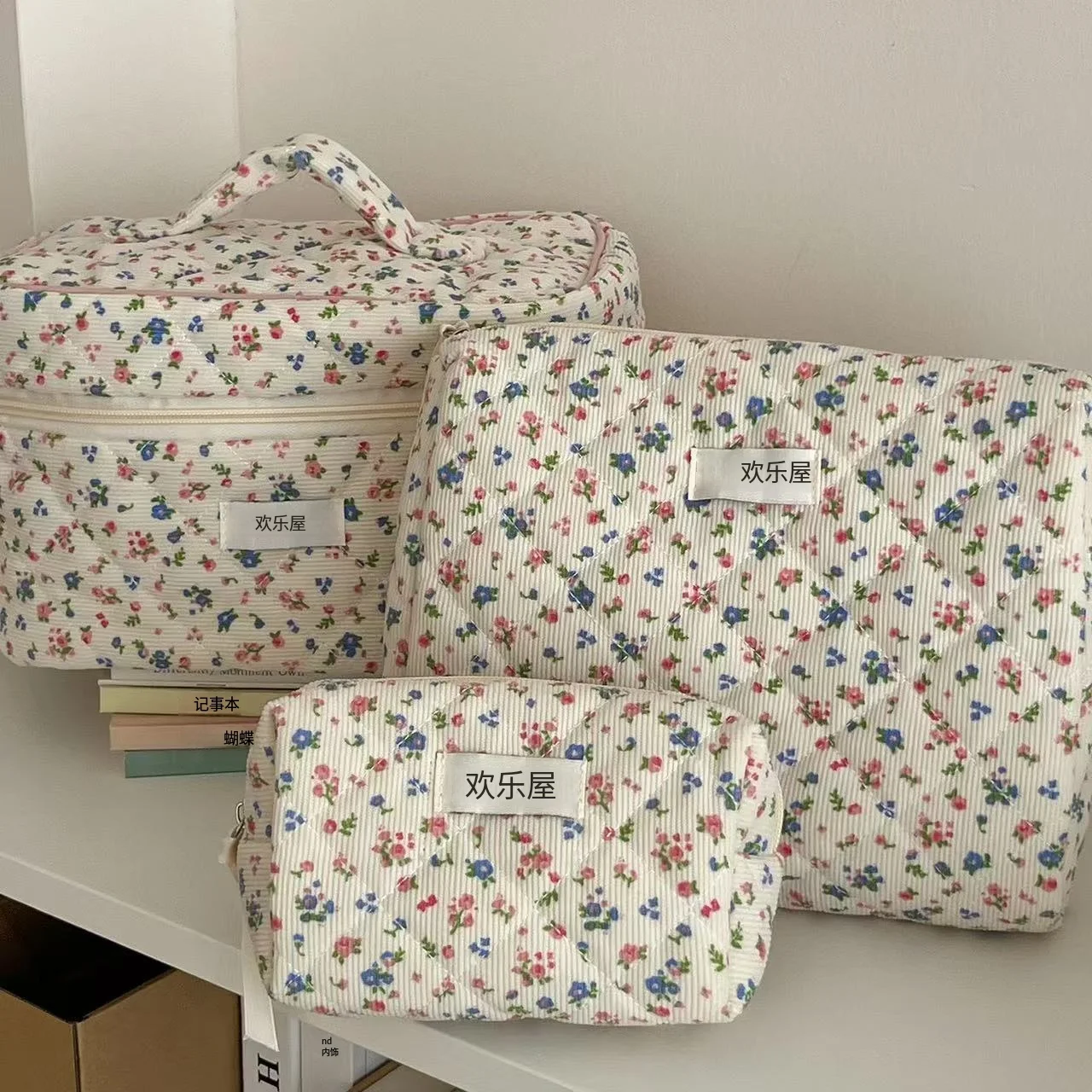 Bolsa de Maquillaje Vintage con Diseño Floral para Mujer, Bolsa de Algodón Portátil para Cosméticos, Organizador de Viaje con Cierre y Acolchado