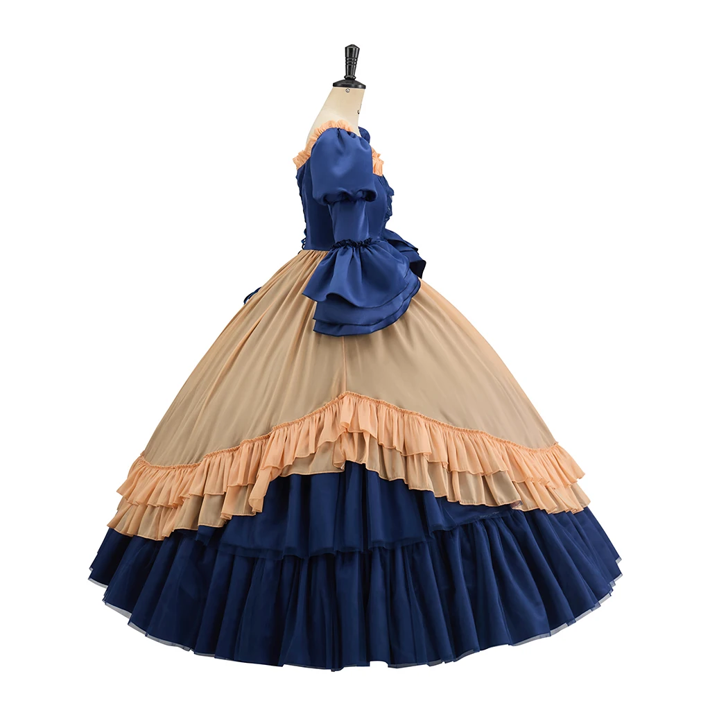 Vestido largo victoriano con bullicio, vestido de corte azul oscuro, disfraz de princesa real renacentista, disfraz Medieval británico para mujer