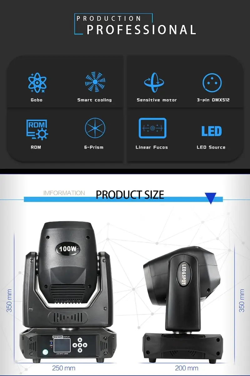 100W LED Moving Head Light 16° Beam 13 Gobos 8 Colors 6-Facet Prism DMX RDM Focus DJ Stage Light