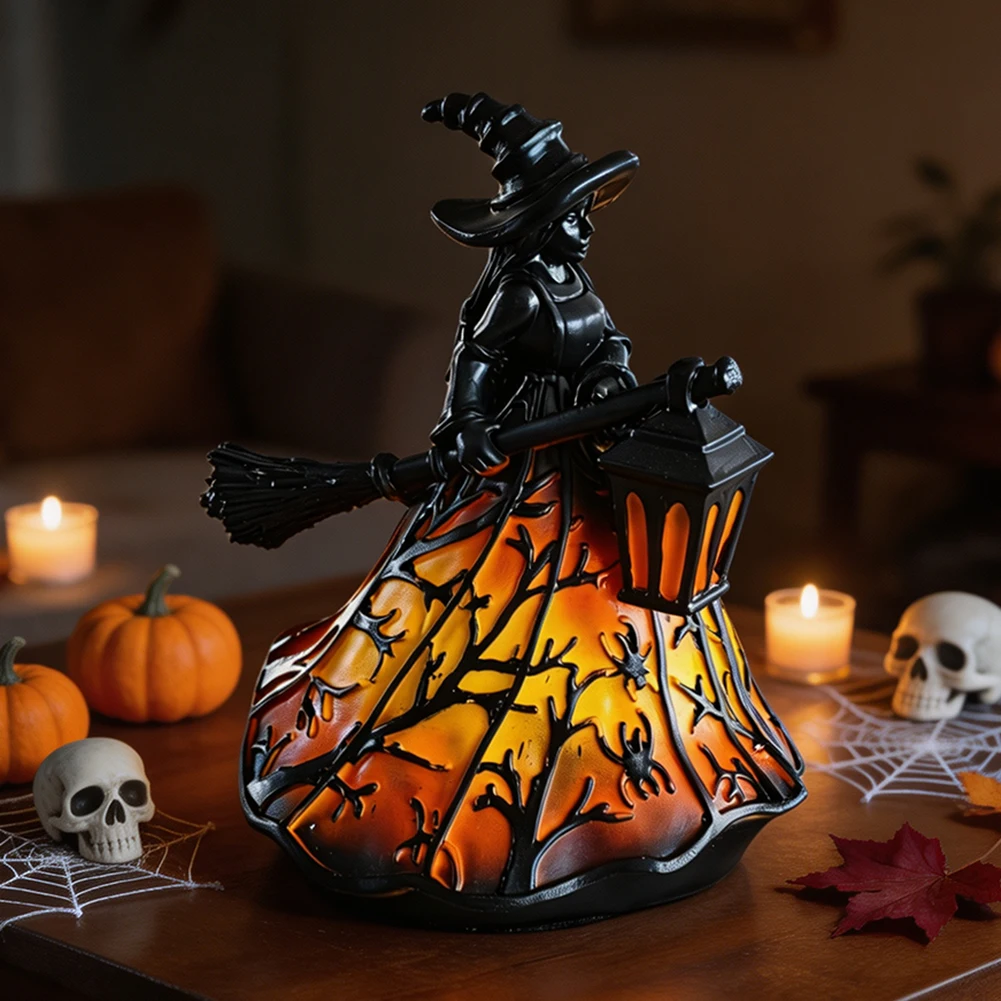 Halloween Spookys Witch Lantern Decor 3D Gothic Resin Brooms Figurine Porch Decorative Table Lamp Party Atmosphere Decor