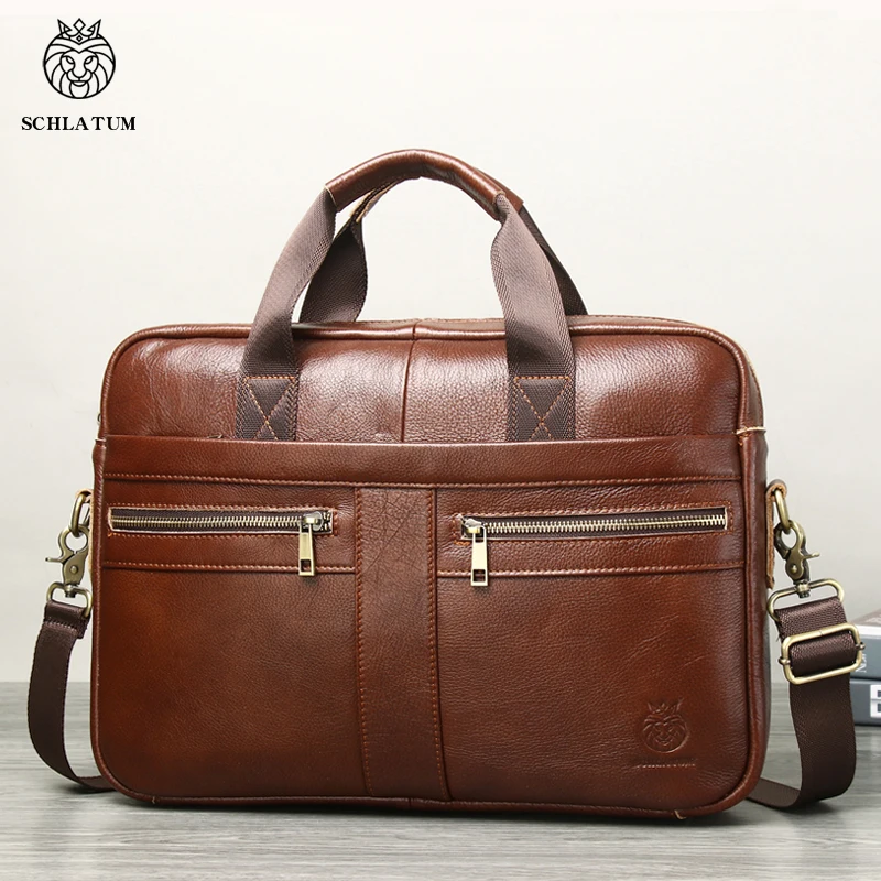 SCHLATUM Genuine Leather Briefcases Hard For Men 15.6 Inch Office Bussiness Computer Bag Vintage Handbags  Laptop Briefcase Bags