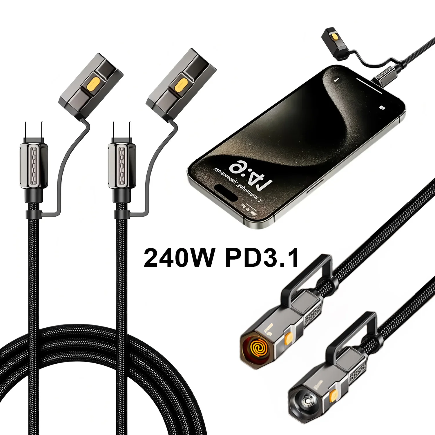 240W 4‑in‑1 Multifunctional Type‑C to Type‑C Fast Charging Cable, with Flashlight & Heating Ignition Function for iPhone Samsung