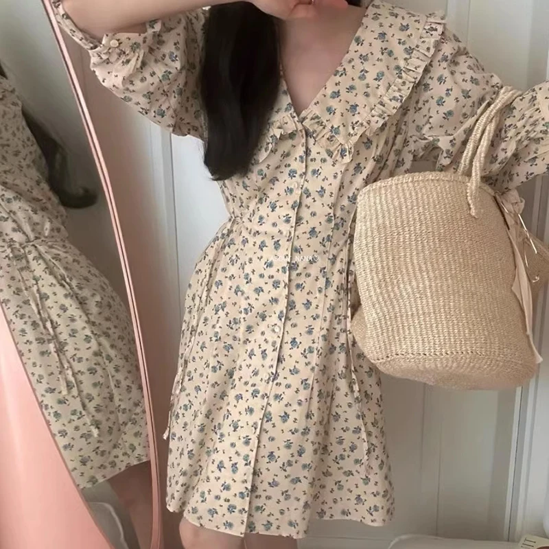 Chic été Vintage Anti-âge col de poupée côté cravate taille minceur bulle Sve imprimé fleuri Dr femmes coréennes Sle haut...