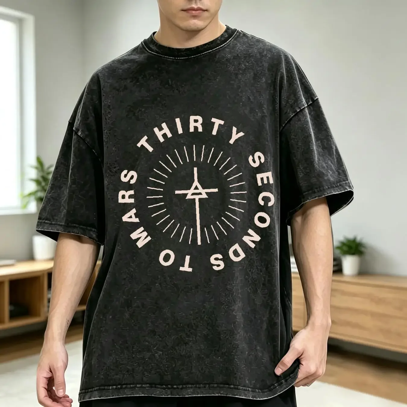 washed T Shirt Thirty Second To Mars Mens Medium M  Crew Neck Black long sleeves vintage Washed Unisex Soft Stretched