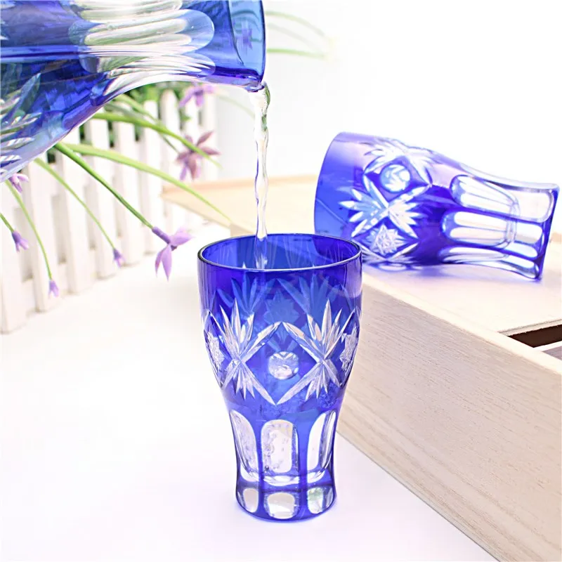 Japanese one shot sake glass, spirit cup, wooden box set, Japanese hand engraved blue glass