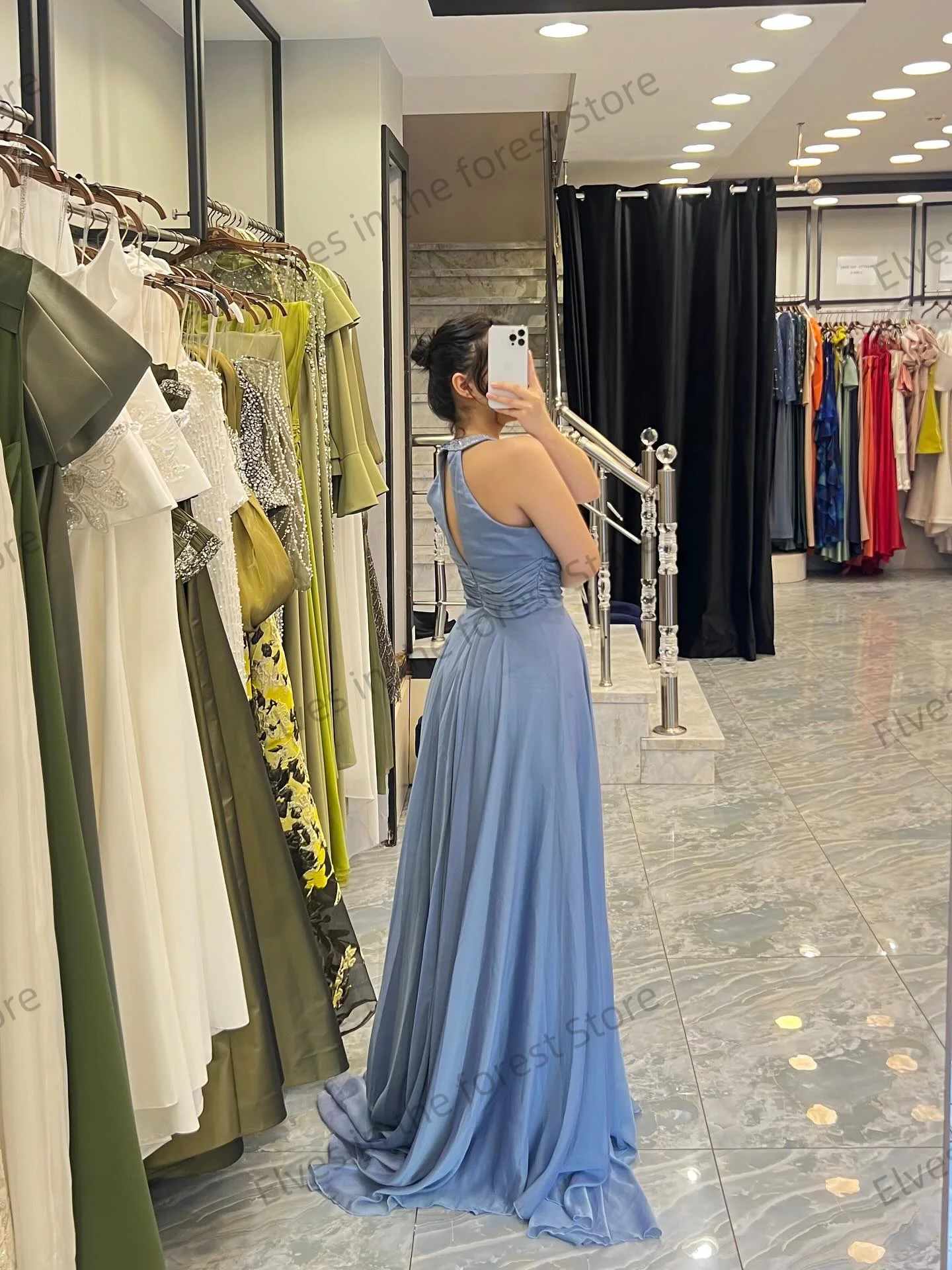 Uma linha o pescoço vestidos de baile mangas azuis frisado vestidos de noite para formal chiffon até o chão roupões de festa de casamento personalizados