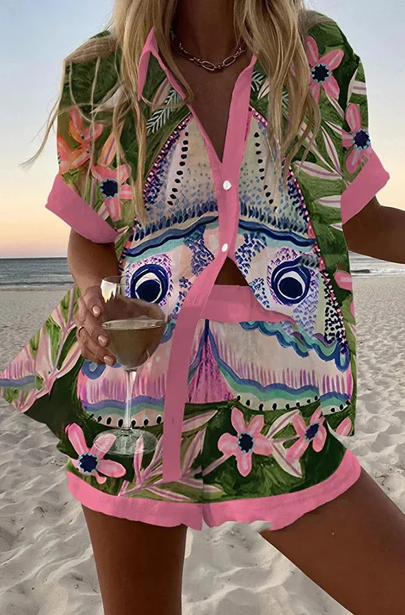 Women New Printed Short Sleeve Shirt Women's Shorts Set New Casual Loose Fashion Beach Vacation Style Shorts Women's 2-Piece Set