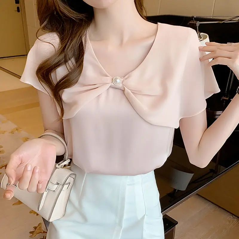 Female Korean Fashion Beading Ruffles Casual Chiffon Shirt Summer Women\'s Clothing All-match O-Neck Patchwork Solid Color Blouse