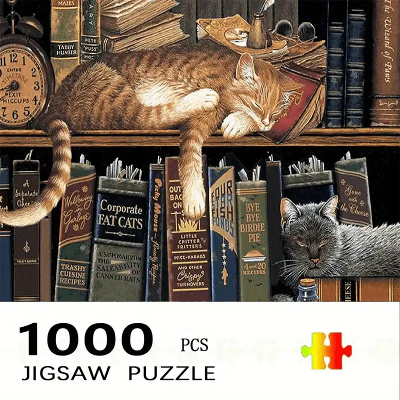 

1000pcs Library Cat Jigsaw Puzzle - Large 70.0x50.01 cm Brain Teaser Toy, Durable Paper Puzzle with Sleeping Cat & Bookshelf D