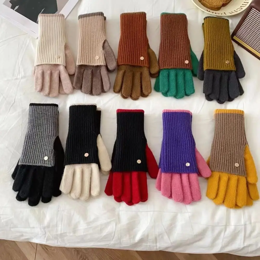 Warm Color Blocked Knitted Gloves Open-Finger Dual-purpose Long Gloves Candy Colored Windproof Full Finger Mittens Outdoor