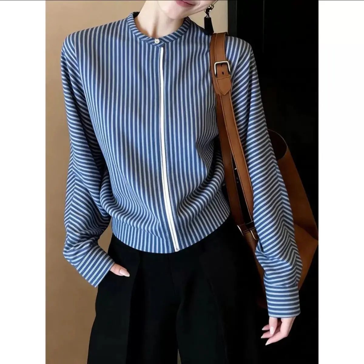 Kimotimo Women Blue Striped Stand Collar Zip Cropped Shirt Korean Style Long Sleeve Office Blouse Slim 2026 Spring Casual Top