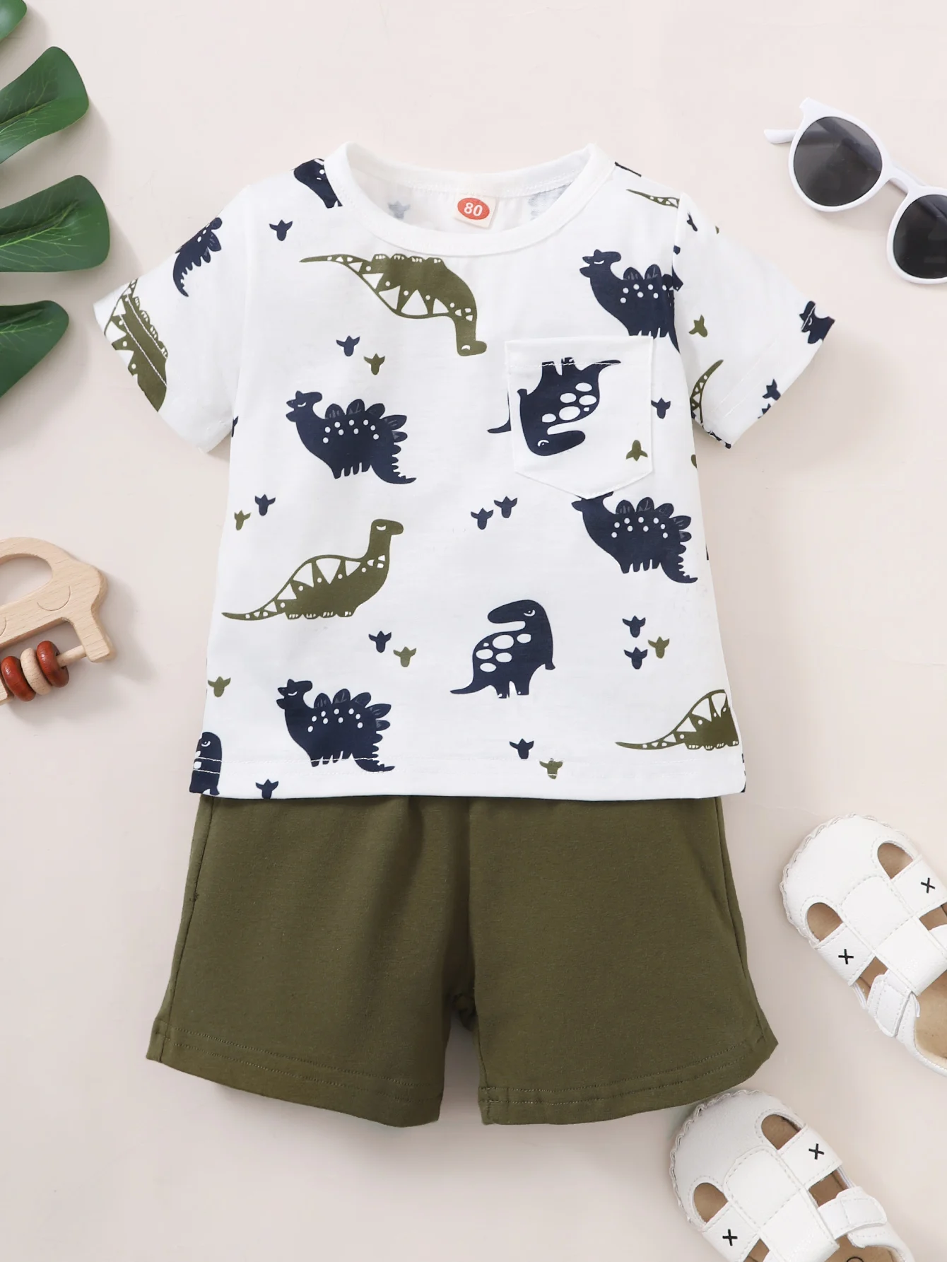 Casual Outing Clothes For Boys And Babies Summer Simple Set Crew Neck Cartoon Dinosaur Short Sleeve TopT-Shirt Army Green Shorts