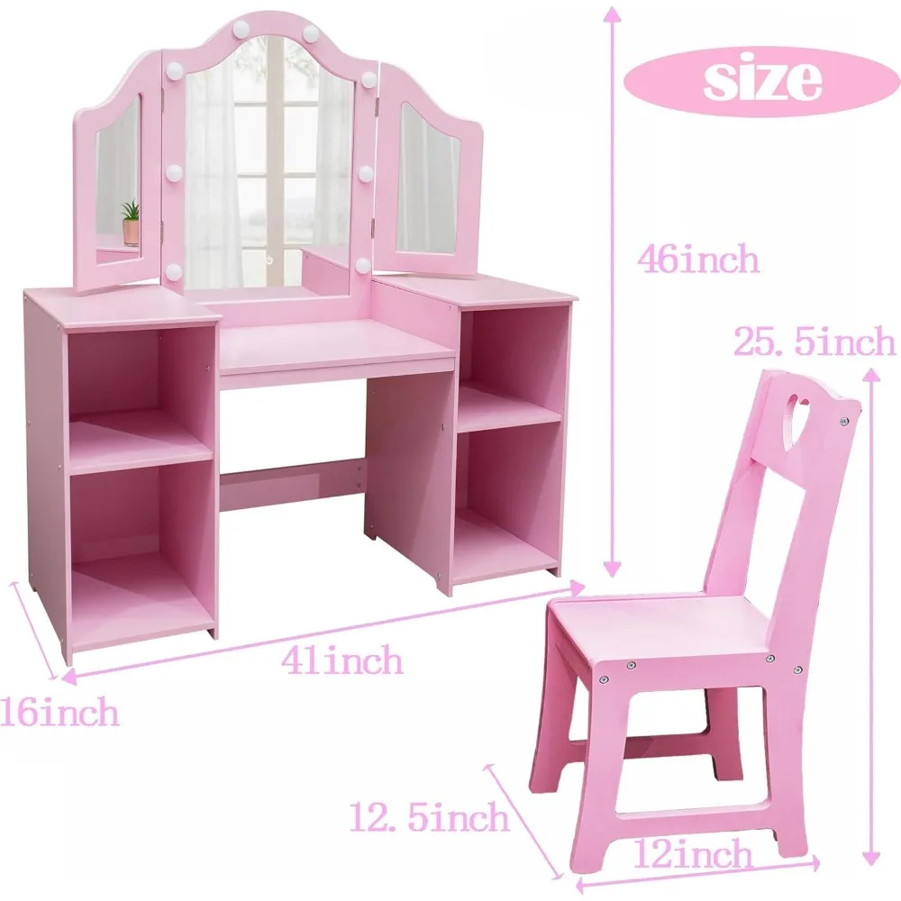 Kids Vanity, 2 in 1 Princess Makeup Desk & Chair Set, Lighted Mirror, Storage Shelves and Cabinet, Pretend Play Vanity Sets