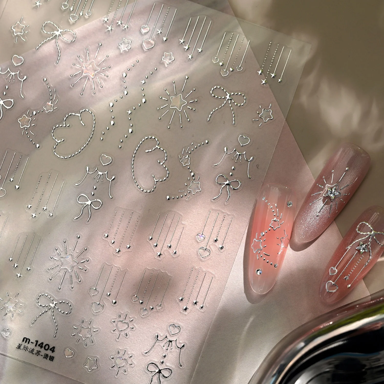 5D Exquisite Galaxy Quasten-Nagelkunst-Aufkleber Silber Meteor Stern Herz Kette Geprägte Selbstklebende Maniküre-Nagelsticker für Frauen