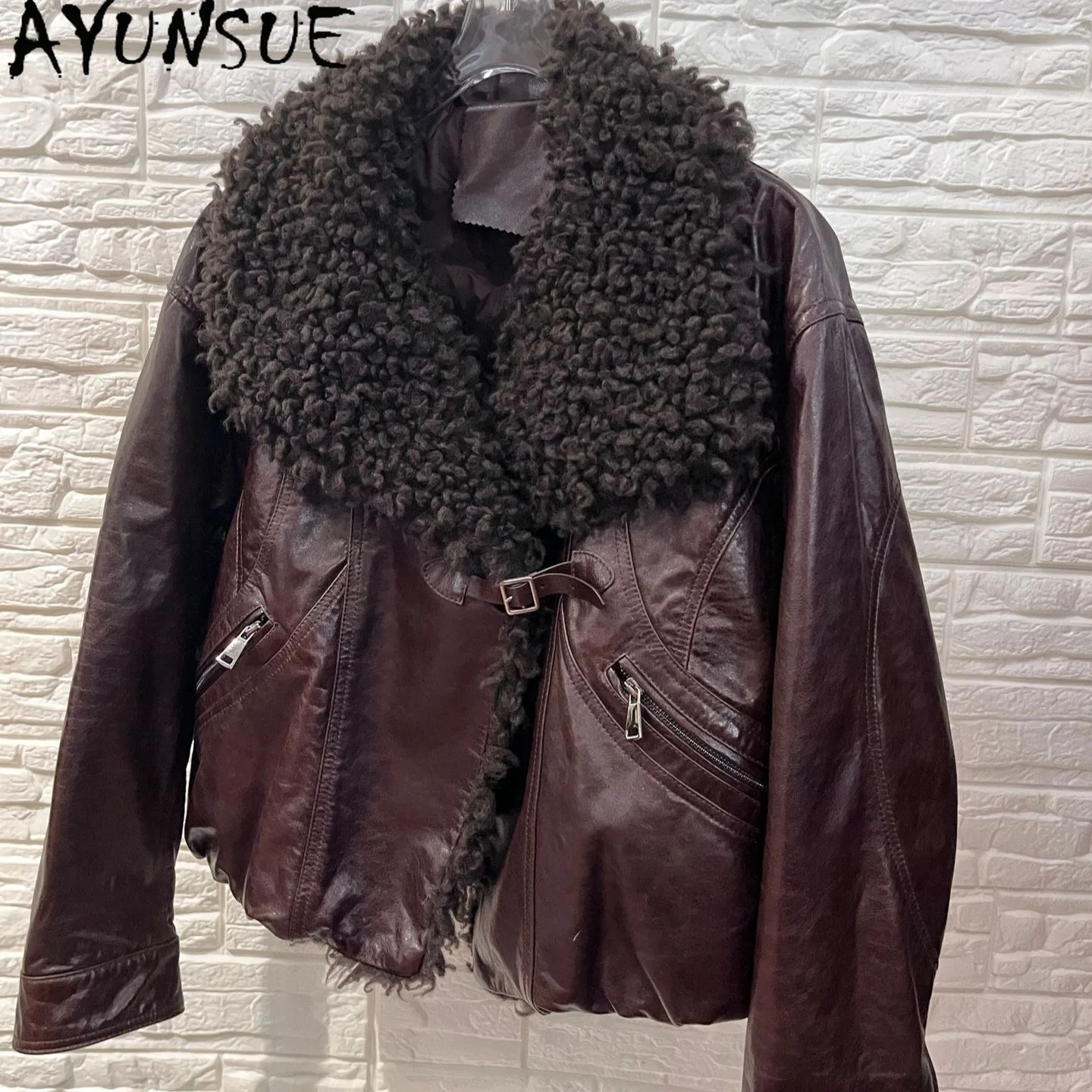 

AYUNSUE Sheepskin Genuine Leather Jacket Women Warm Wool Collar Fashion Down Coat Woman Winter Clothes Loose Fit Jaqueta Couro