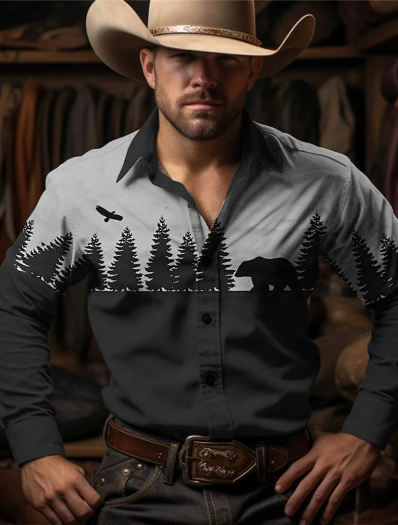 2025 new hot selling minimalist denim style men's long sleeved lapel shirt 3D digital printed casual and comfortable top