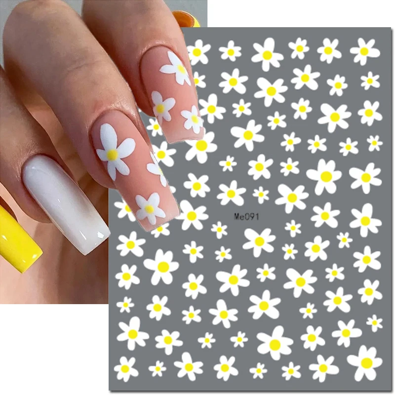 3d White Petals Florals Daisy Flowers Nail Art Stickers Adhesive Sliders Nail Decals For Nails Decoration Manicure Accessories