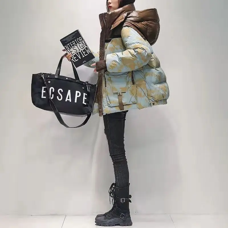 New women's short down jacket Korean version camouflage tooling color matching hooded thin winter coat