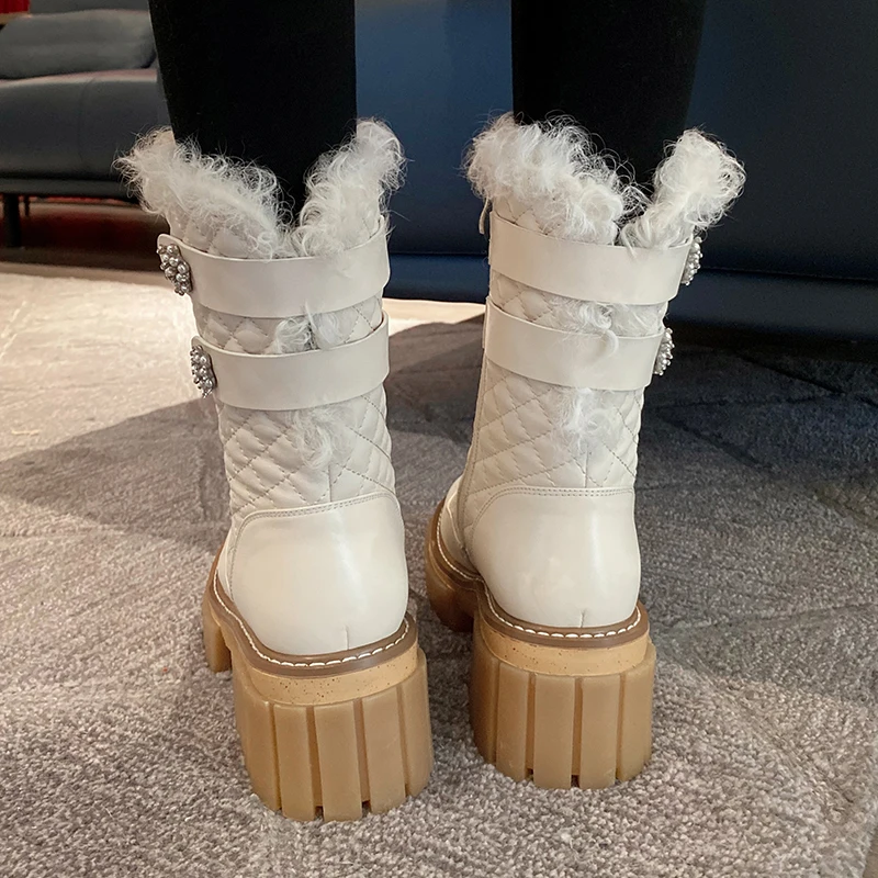 2022new European winter boots natural leather warm snow boots 22-24.5cm Fur one cowhide+wool side zip ankle boots platform boots