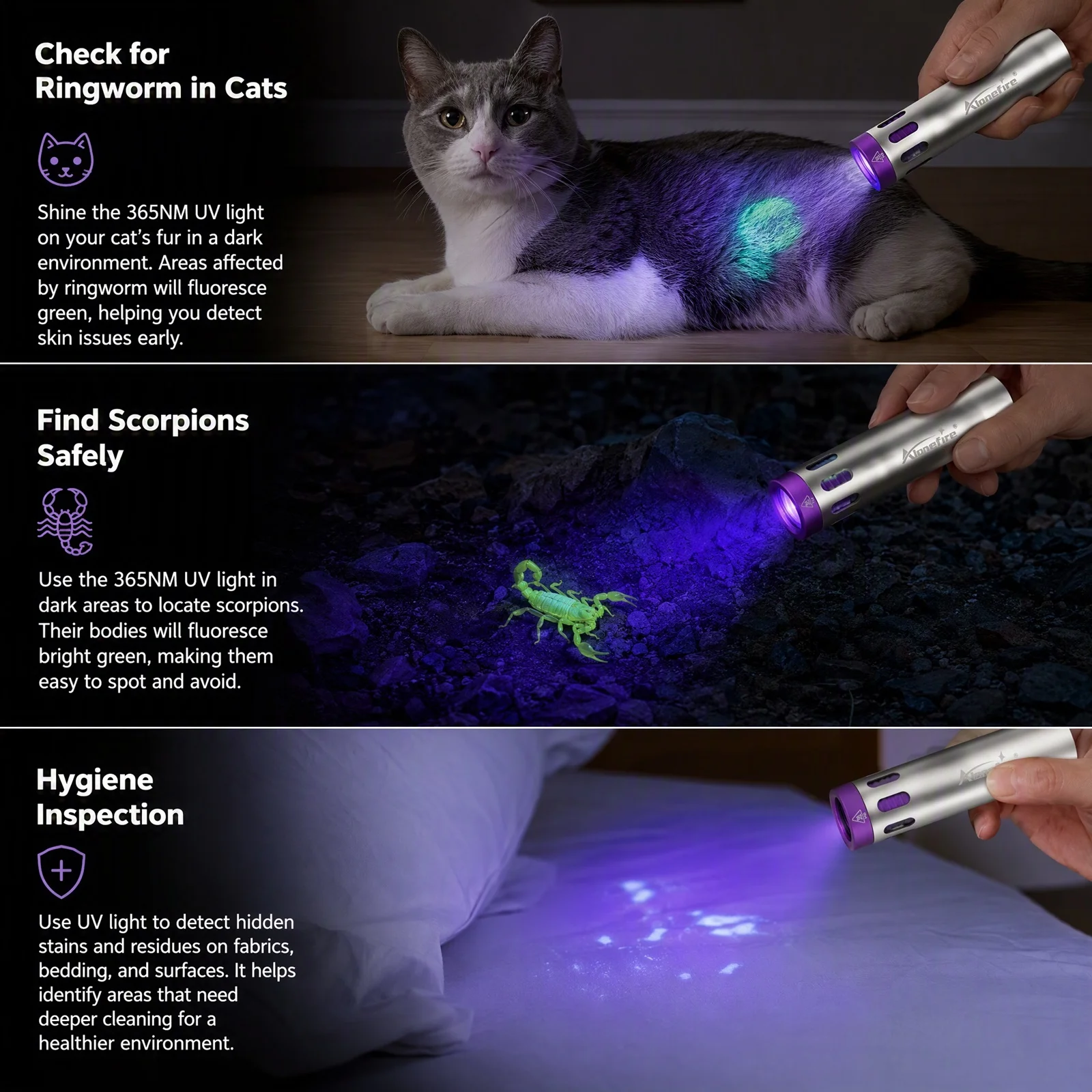 365NM Dual Led UV Led Blacklight Mini Flashlight Usb Rechargeable Curing Lamp Pet Urine Tinea Jade Gem Ore Money Scorpion Light view 2