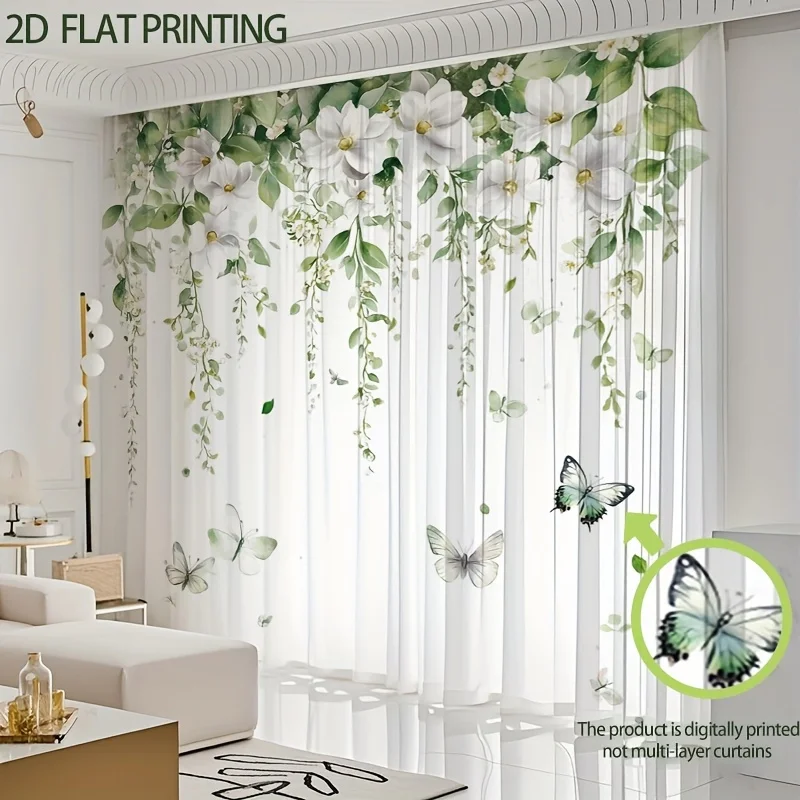 Green Vines White Flowers Butterflies Sheer Curtains for Living Room Bedroom Light Filtering Drapes for Privacy&Fresh Home Decor