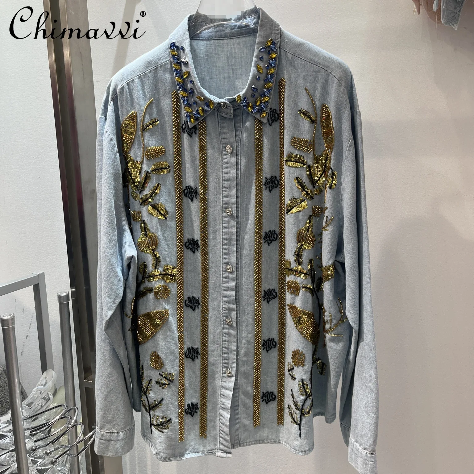 

Luxury Heavy Gold Sequin Embroidered Denim Shirt Women 2026 Summer New Loose Fit Turn-down Collar Vintage Slim Long Sleeve Top