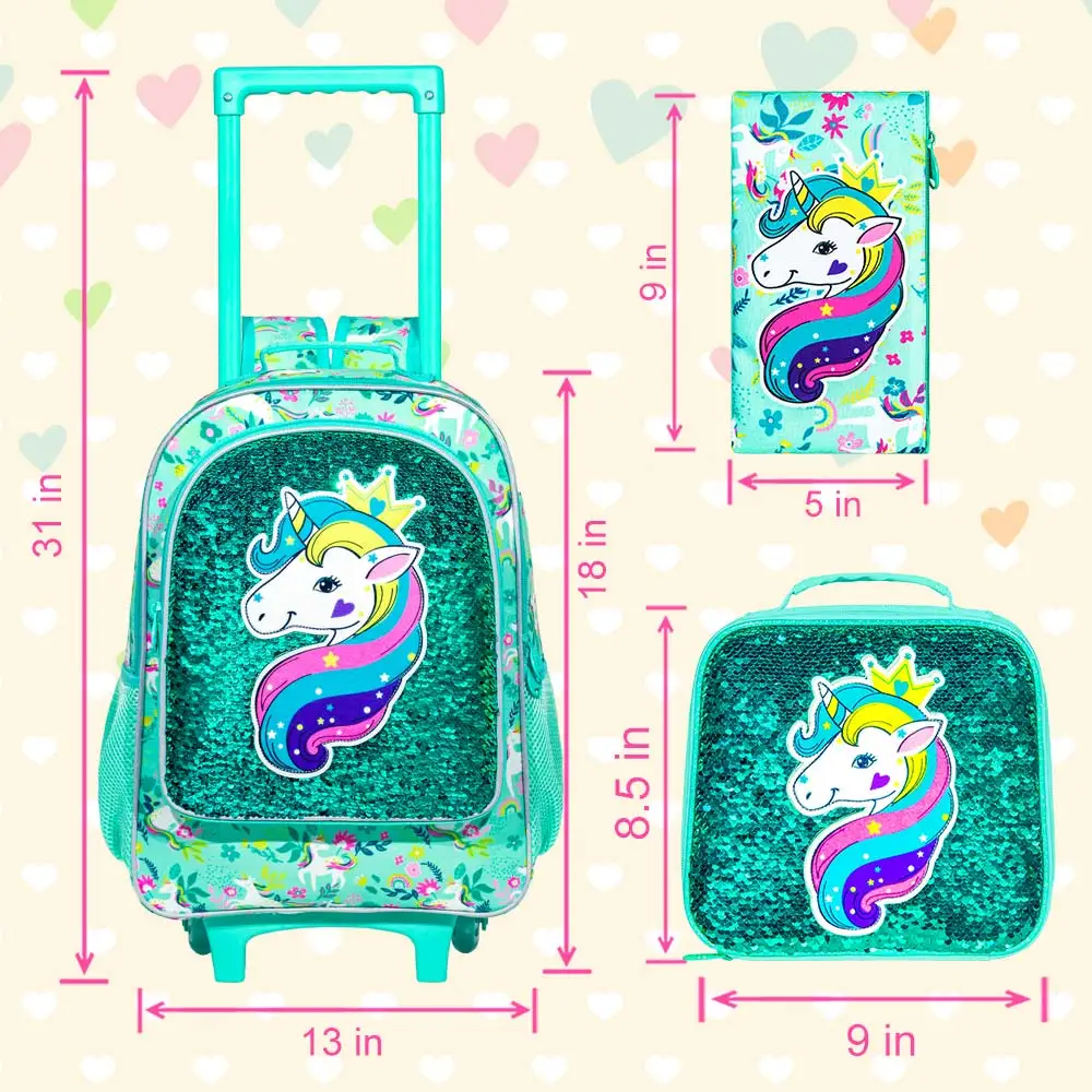 3PCS Rolling Backpack for Girls Kids Roller Wheels Bookbag with Lunch Bag Green Unicorn Glow-in-the-dark Function