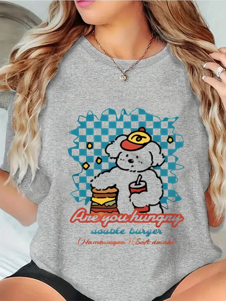 Camiseta feminina elegante de algodão, verão, vintage, você está fome, cachorro, hambúrguer, estampa, leve, confortável, estilo único, casual, roupa diária