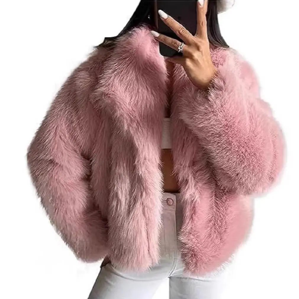 Moda feminina recortada jaqueta de pele do falso casaco manga longa botão de pressão frontal feminino outerwear chique lapela gola casaco grosso