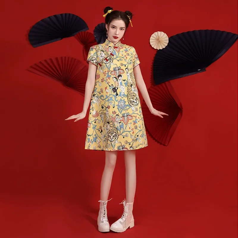 

Large Size 4XL Chinese Style Improved Modern Cheongsam Dresses 2022 Summer New Loose Dinner Party Dress Qipao Clothes