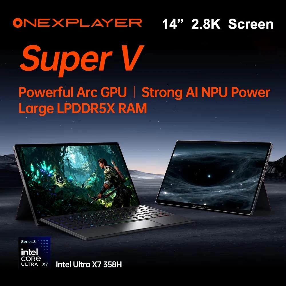 OneXPlayer Super V, Laptop/Tablet para Juegos de 14 Pulgadas, Pantalla OLED 2.8K a 120Hz, Intel Core Ultra X7 358H, Arc B390, 48GB DDR5, 1TB Ssd, Batería de 85.58Wh